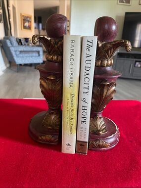 Pair of Vintage Ornate Solid Burgundy and Gold Heavy Bookends